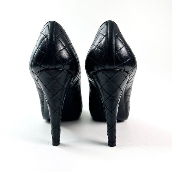 CHANEL Quilted Platform Black Pumps Size 38.5 US 8 CC Logo Heel Cap Toe - Picture 7 of 12